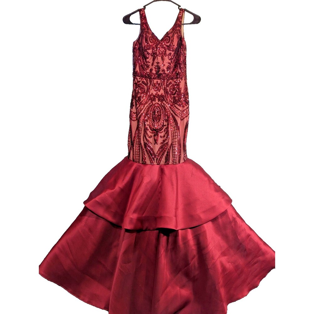 Night Studio Gown Womens 4 Burgundy Sequin Mermaid Prom Formal Dress